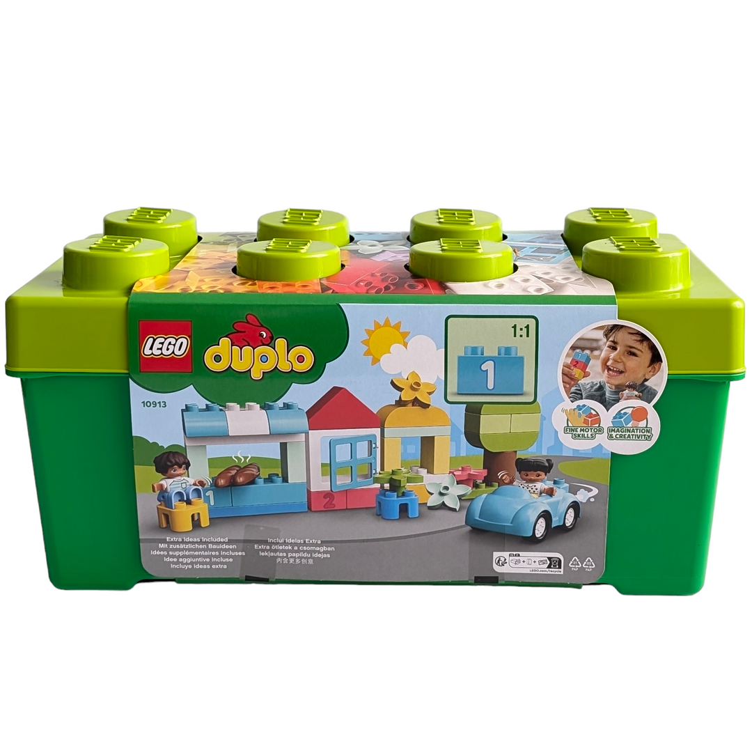 Lego/Duplo, Brick Box 10913, Creative & Imaginative Play, This fun-filled developmental toy is packed with bricks and pieces that encourage toddlers to explore hands-on creativity and imaginative play. Familiar objects stimulate young minds and colorful shapes invite free-building fun, making this LEGO DUPLO starter set the perfect way to inspire any young builder. Inside the sturdy storage box, you'll find a car with moving wheels, a roof, window, flowers, bread, DUPLO people figures and 1,2,3 numbered bri