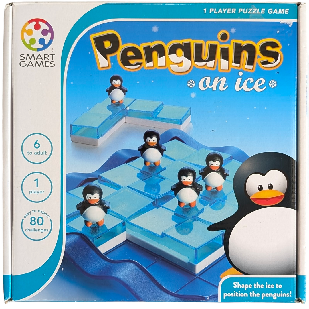 Smart Games, Penguins on ice, STEM & Critical Thinking , To keep the penguins on ice, use your imagination. Can you fill the ice up to the point when all of the puzzle tiles fit on the game board? Please check that every penguin is positioned correctly. The first game where the puzzle pieces themselves create the puzzle is called Penguins on Ice. because each puzzle piece in the original brain game has the ability to change shape.