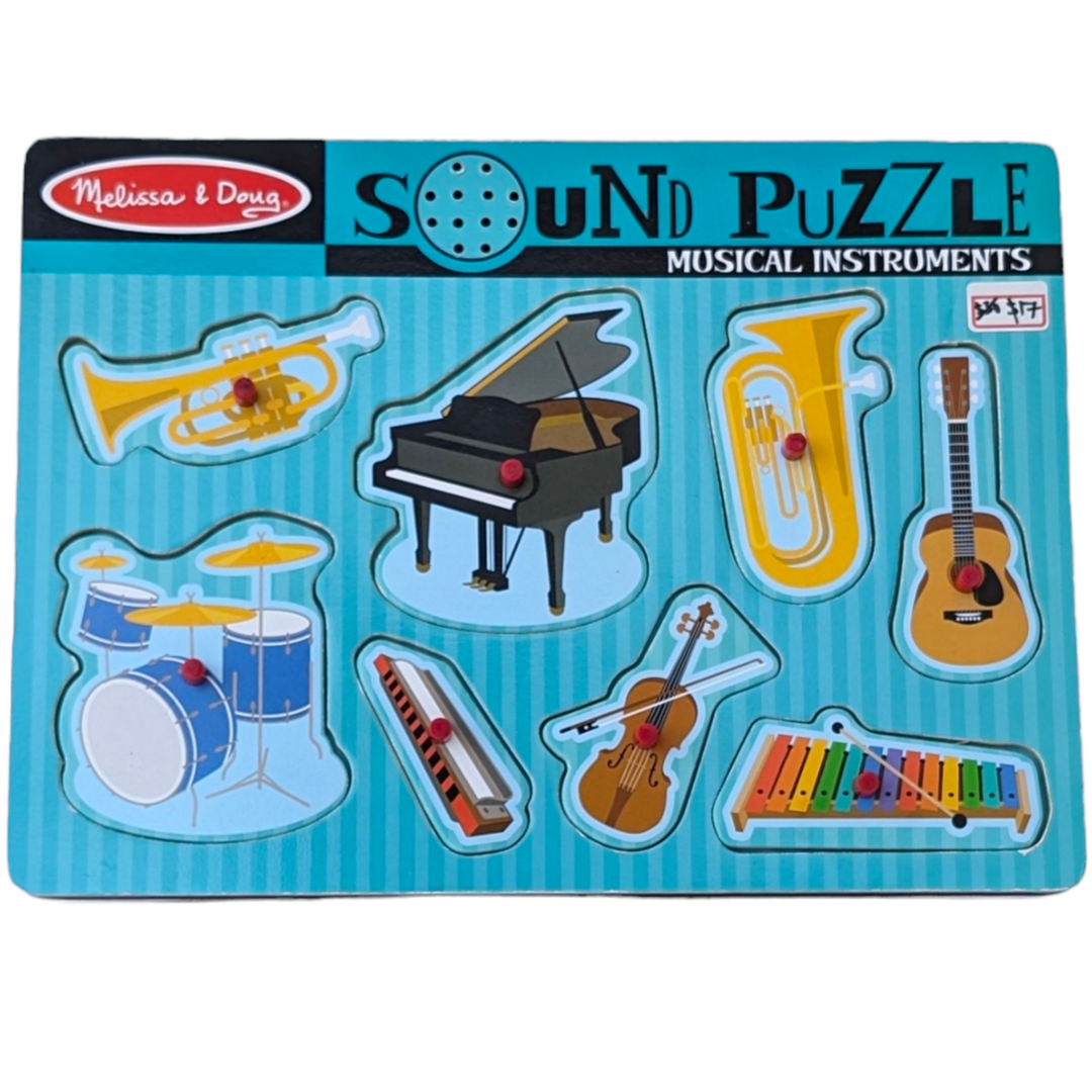 Melissa & Doug, Sound Puzzles - Musical Instruments, Sensory & Language Development, Eight instruments are ready for their "conductor." Place an instrument piece correctly in the puzzle board and listen to it play. Then remove each piece to discover the identity of each of the instruments! (TIP: Puzzle has light-activated sensors; for best results, expose the sensor by removing a piece in a brightly lit room, then make the sound play by replacing the piece in the board.)