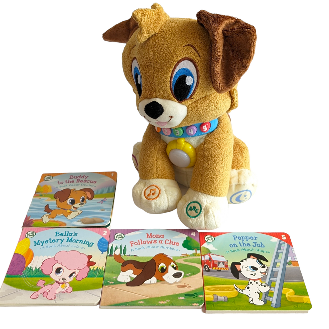 Leapfrog, Storytime Buddy, Sensory & Language Development, Read along
Choose from five brightly colored books to read with Buddy.

Light-up tag
Press Buddy’s light-up tag button to hear him talk and sing.

Book paw
Answer reading comprehension questions from Buddy.

Nightlight mode
Press the Nighttime button twice for Brahms' Lullaby and a nightlight.

Bedtime mode
Buddy will quietly read a story, then play 10 minutes of a soft lullaby.

Musical paw
Sing along to happy learning songs.