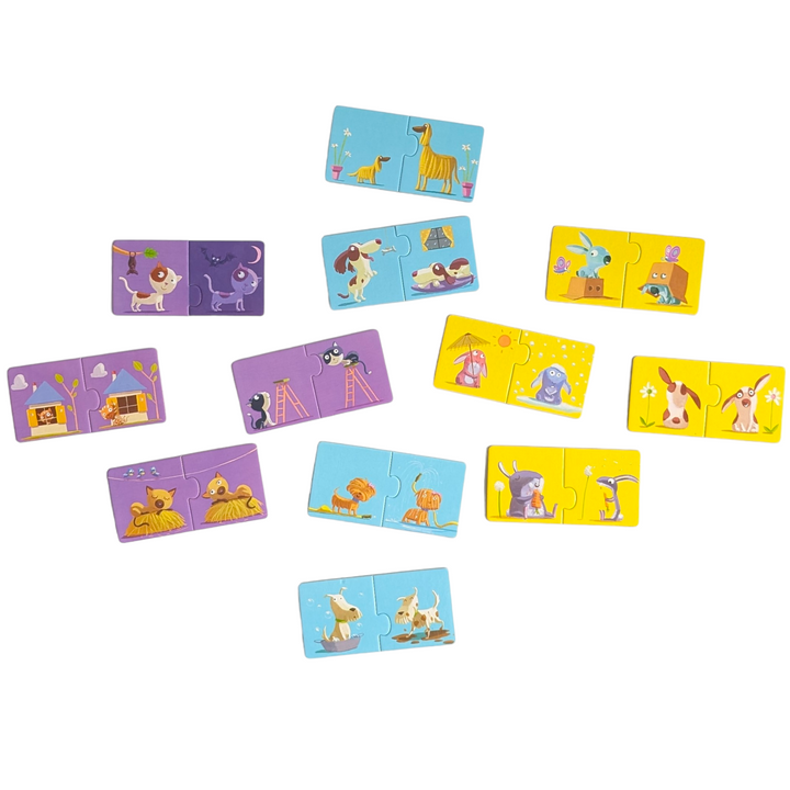 Djeco, Puzzle duo, Cognitive & Motor Skills Development, A toddler’s first puzzle, help the pets find their match; 12 2-piece puzzles, with pieces big enough for little hands
Beautifully illustrated and visually appealing, made from a sturdy cardboard that resists scuffing, bending and tearing; a great travel item