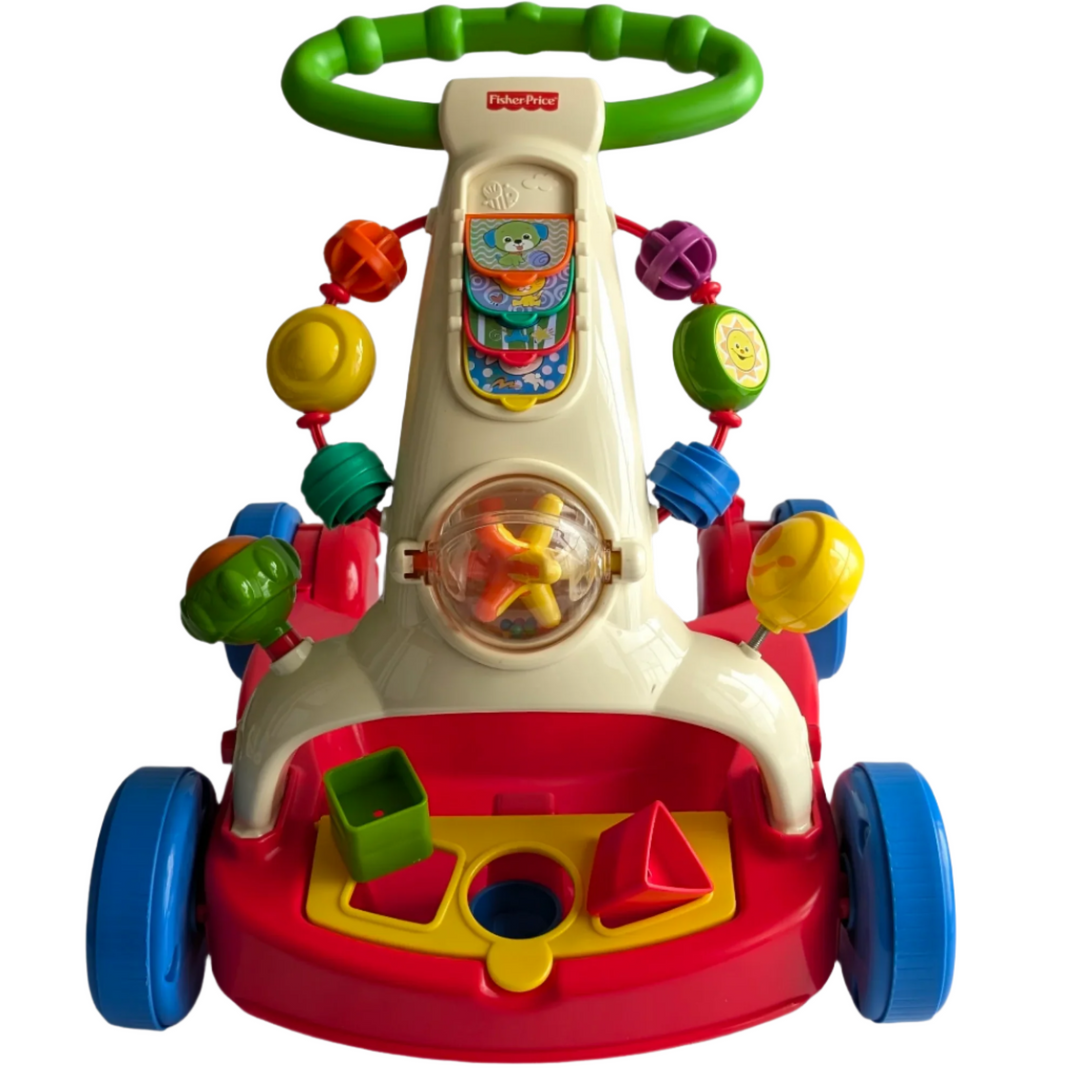 Fisher Price, Walker-To-Wagon, Cognitive & Motor Skills Toys, The Luminous Foundations Modern walkers like the Walker Waggon provides two grow-with-me play options. Your baby will enjoy spinning the big, transparent ball filled with ten vibrant beads. Along the front of the walker, flip the four flip pages. Walkers can be transformed into waggons.