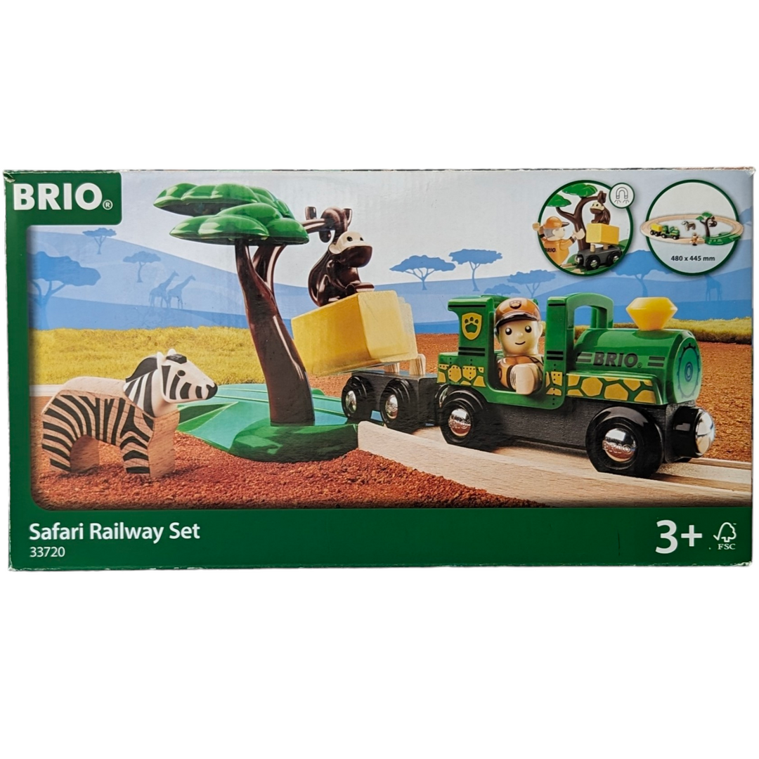 BRIO, Safari Railway Set, Creative & Imaginative Play, Come along on a safari adventure! See what animals you can see out on the savannah. Can you spot the wild Zebra? As you go past the tree watch out for the mischievous monkey who likes to steal the magnetic food load right off the train when you pass by! Naughty monkey. 