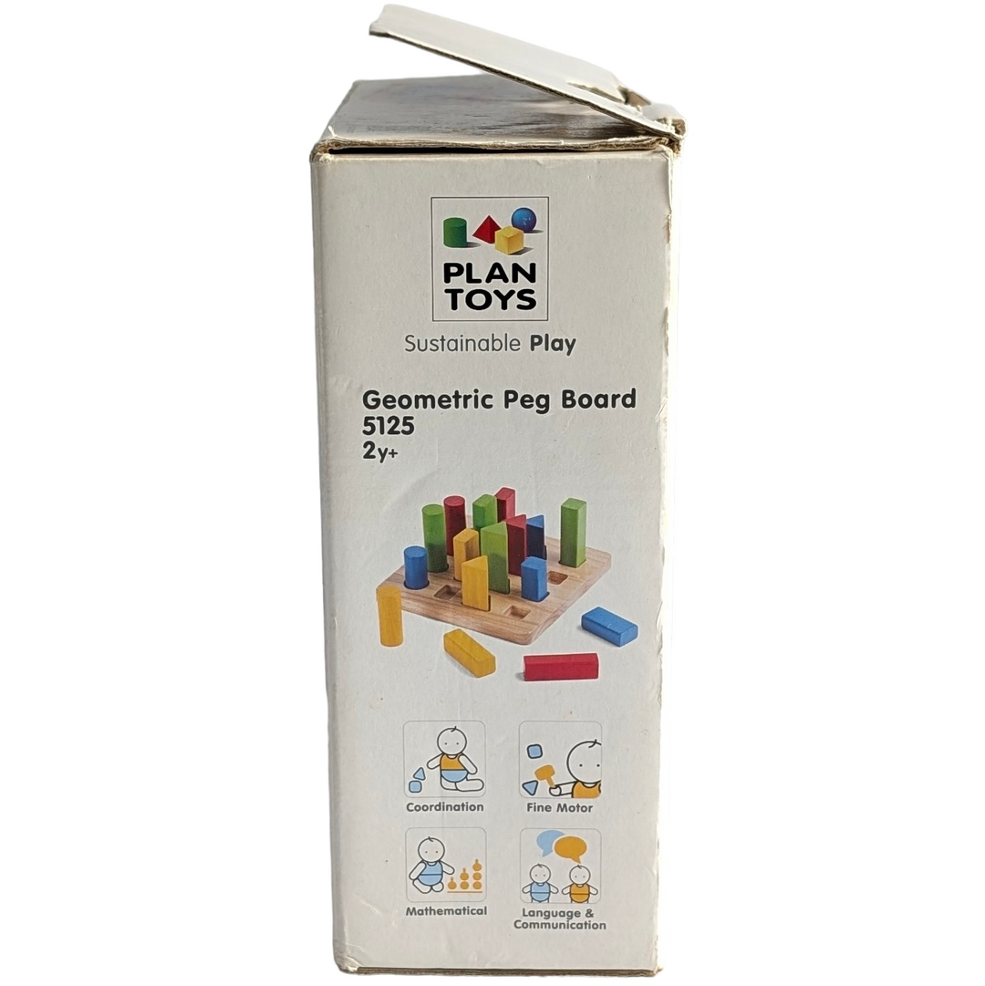 PlanToys, Geometric Peg Board, Cognitive & Motor Skills Development, 16 interlocking geometric pegs in different colors and shapes Develops motor skills and thinking skills through development, sorting, grouping, and more. We recycle natural rubber wood waste and use non-toxic, water-soluble paint.