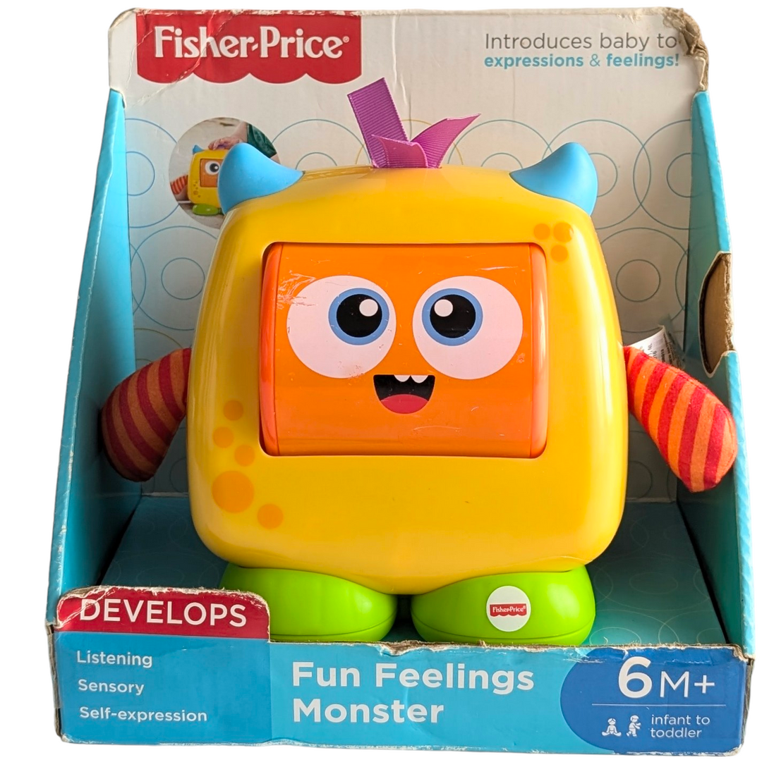 Fisher Price, Fun Feelings Monster, Social & Emotional Development, Monsters have feelings too! sometimes they're happy sometimes they're sad and sometimes they can be surprised!(The monster shows the baby that feelings can change quickly too!) plus your little one will love how this monster feels – his textured ribbon "hair" and soft squishy arms are fun to touch!where development comes into play: sensory – this little monster is sure to excite and engage the baby's senses with his bright pops of color fun