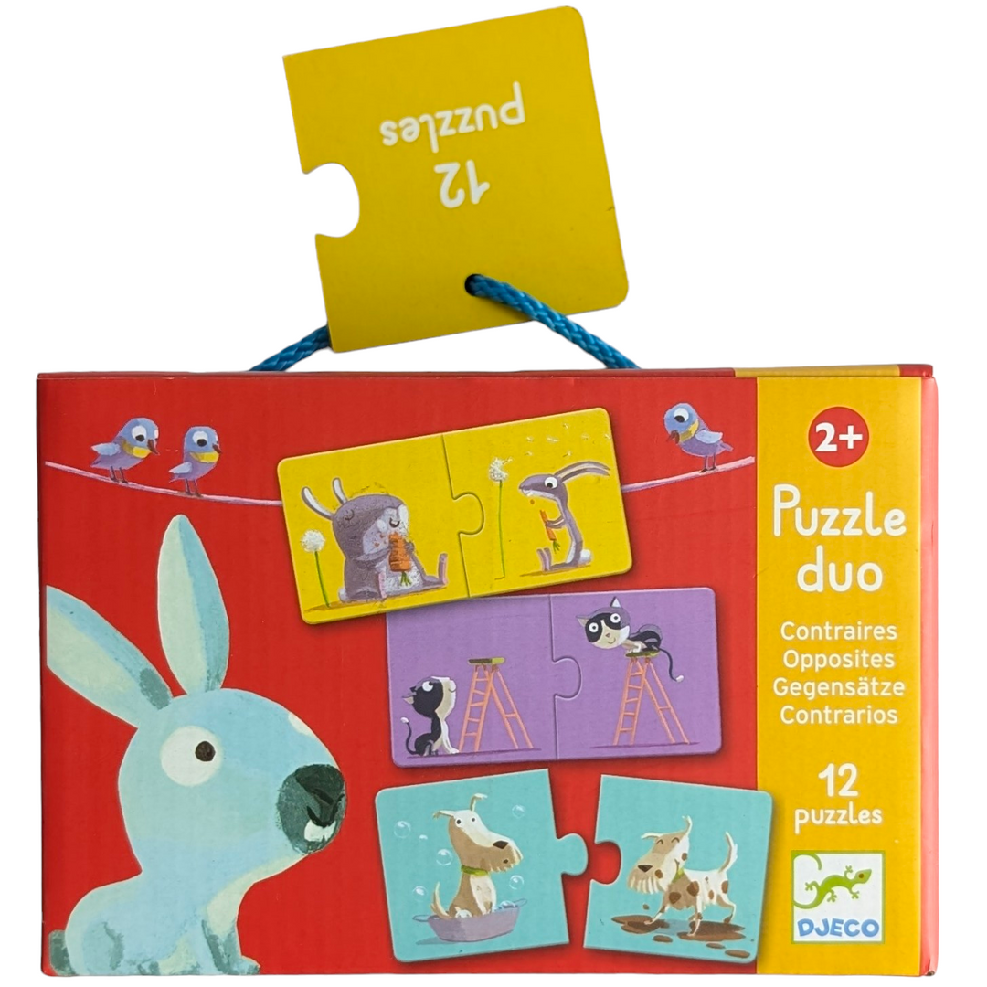 Djeco, Puzzle duo, Cognitive & Motor Skills Development, A toddler’s first puzzle, help the pets find their match; 12 2-piece puzzles, with pieces big enough for little hands
Beautifully illustrated and visually appealing, made from a sturdy cardboard that resists scuffing, bending and tearing; a great travel item