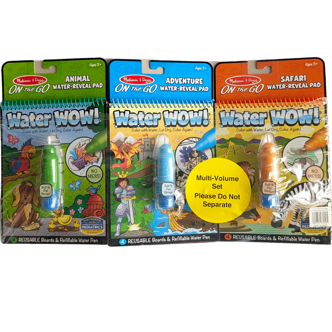 Melissa & Doug, Water Wow, Sensory & Language Development, No-mess painting for kids! This exciting paint-with-water coloring book includes four reusable pages and a refillable water pen. Simply use the pen to color in each scene—details and vibrant color appear with every stroke! Then let the page dry to erase the pictures and color it in again and again. This adventure-themed book includes four scenes to color (underwater, pirates, space, and medieval knights), and a search-and-find activities 