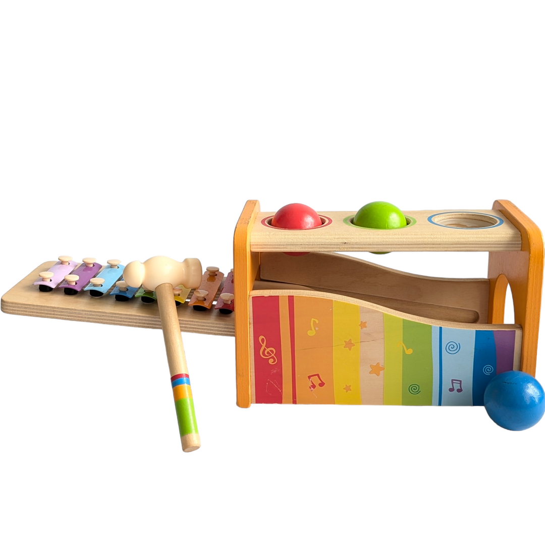 Hape, Pound & Tap Bench with Xylephone, Cognitive & Motor Skills Development, Hape's Pound and Tap Bench with Slide Out Xylophone is a multifunctional musical delight and sound experience for toddlers.

Toddlers ages 12 months to 3 years can explore different notes and sounds by letting the balls fall on the keys or slide out the xylophone to create their own unique sound with a wooden mallet.

 