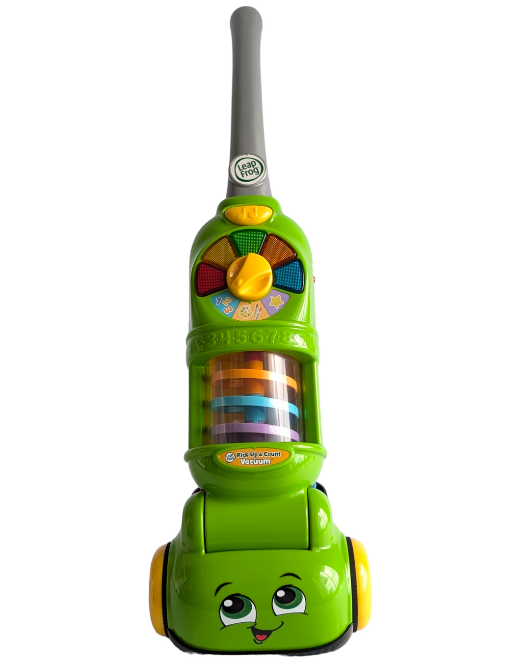 Leapfrog, Pick Up & Count Vacuum, Cognitive & Motor Skills Development, This smart toy picks up and counts ten play dust pieces as kids roll over them and recognizes each color. The tiltable handle adjusts to multiple heights, and includes easy-to-roll wheels for grow-with-me play. A handy bin on the back collects and stores all the dust pieces.