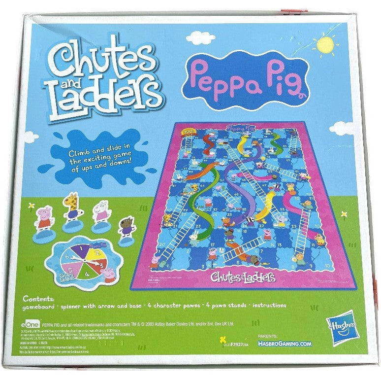 Hasbro, Peppa Pig Chutes and Ladders, Social & Emotional Development, Slide into the fun with the Chutes and Ladders: Peppa Pig Edition board game! Kids can imagine spending time on the playground with Peppa Pig and friends as they climb and slide in this exciting game of ups and downs. It includes 4 adorable character movers so kids can choose to play as Gerald Giraffe, Suzy Sheep, Danny Dog, or Peppa Pig. Spin the spinner and move along the cardboard.