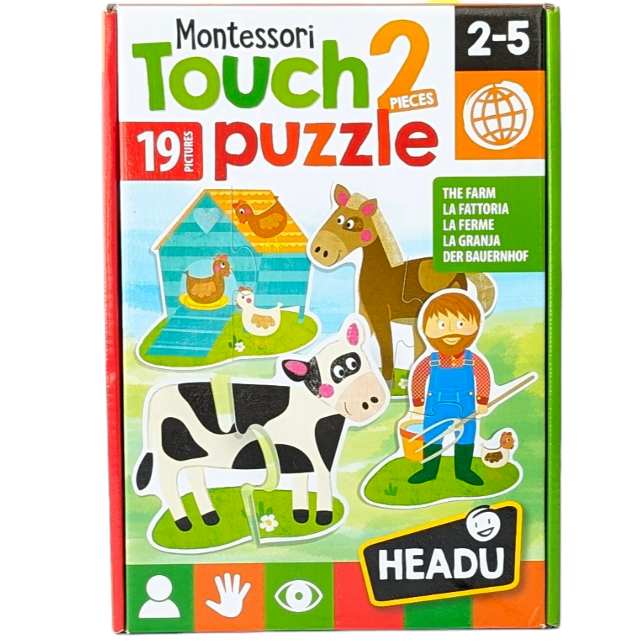 Headu, Montessori Touch - Farm, 2 Piece Puzzles, Cognitive & Motor Skills Development, 19 x two-piece puzzles made with special textured surfaces to stimulate your child’s sense of touch & keep them fascinated. Each puzzle is self-correcting. Your child will learn matching & spatial planning skills as they manipulate the pieces in the right direction to find a perfect match. Once built, parents and children can tell stories using all the characters to extend the play.