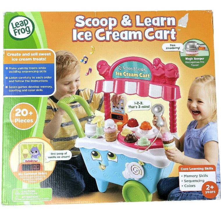 Leapfrog, Scoop & Learn Ice Cream Cart, Social & Emotional Development, Learning is sweet when pretending to run your own ice cream cart! The Scoop & Learn Ice Cream Cart lets you create a variety of imaginative and tasty-looking ice cream combinations using four flavors of ice cream, three toppings and three syrup flavors. Use the magic scooper to scoop up the ice cream and toppings to build customer orders and it will recognize the colors and flavors. 