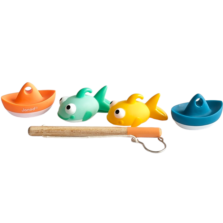 Janod, Bath Time Fish Them All, Cognitive & Motor Skills Development, This line fishing game for the bath with 4 squirters is ideal for developing your child's dexterity and concentration. To play, just catch the boats and small fish as quickly as possible with the fishing rod! By pressing the boat or the belly of the fish, they spits water. For hours of play!