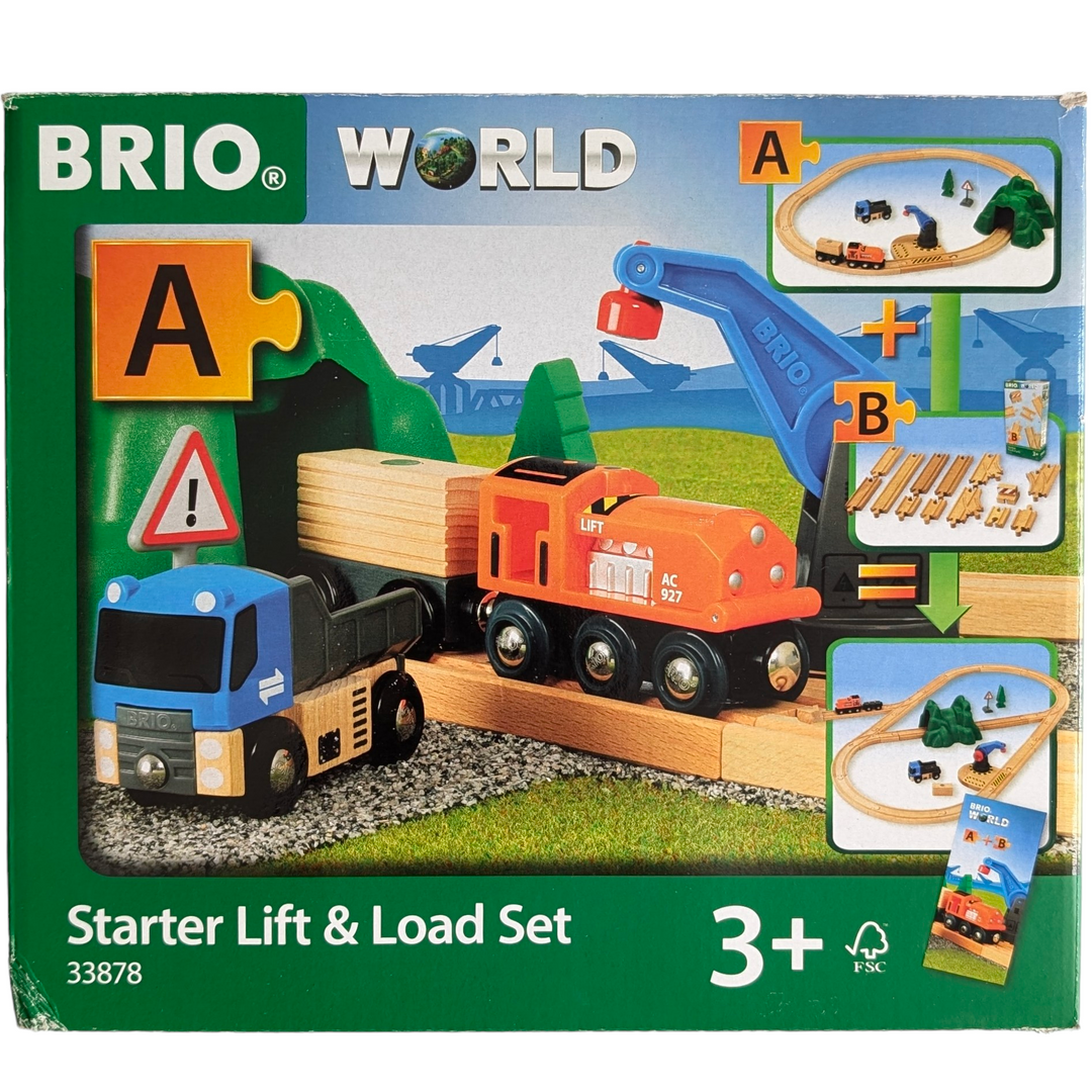 BRIO,Starter Lift & Load Set, Creative & Imaginative Play, Everyone on board This new lift and load beginning set will help you build your first BRIO World. The layout is jam-packed with mechanical toys, including a truck, waggon with load, pop-up hood engine, grab crane, and little mountain to thunder through. Using the crane, remove the goods from the truck toy, spin it around, and put it onto the train. functions well with every product in BRIO World.