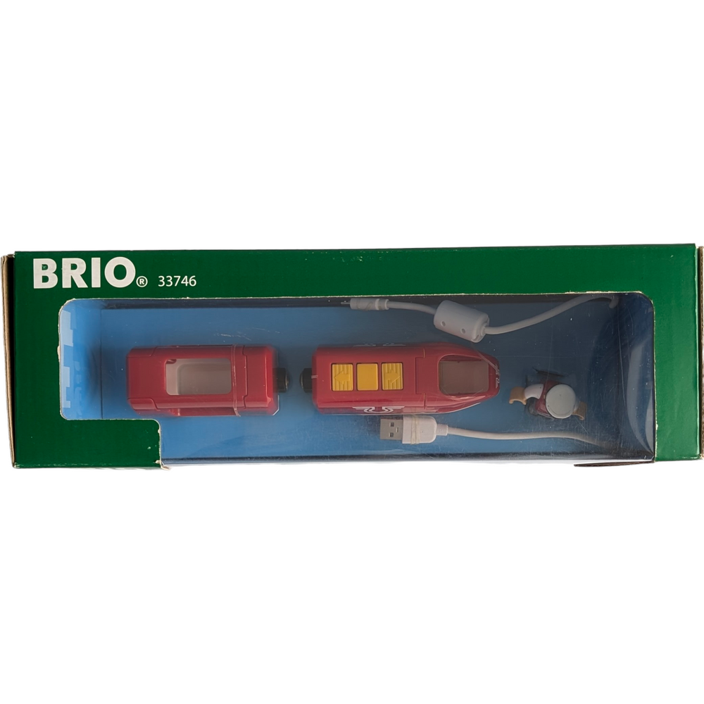 BRIO, Travel Rechargeable Train, Cognitive & Motor Skills Development, Long train running With this rechargeable train there's almost no end to the fun. With this rechargeable train the fun never needs to end. This modern-design train comes with a USB to mini-USB charging cable perfect for renewable play on the go. Also included in the set is a conductor play figure who makes sure the train arrives and departs on time. The conductor has moveable arms and legs and can be positioned to stand or sit. 