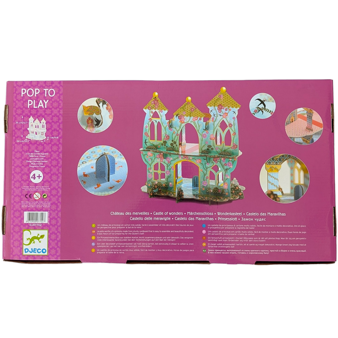 Djeco, Pop to play castle of wonders - 3D Puzzle, Cognitive & Motor Skills Development, These sturdy cardboard structures are easy to assemble and provide a very decorative backdrop to miniature role play games. Children can invent stories with their own figurines for hours of fun. This gorgeous castle of wonder makes a lovely home for a princess fairy family. Includes 27 pieces.

Assembled Size: approx 34 x 25 x 35cm

Suitable for ages 4+.

Made of heavy duty cardboard.