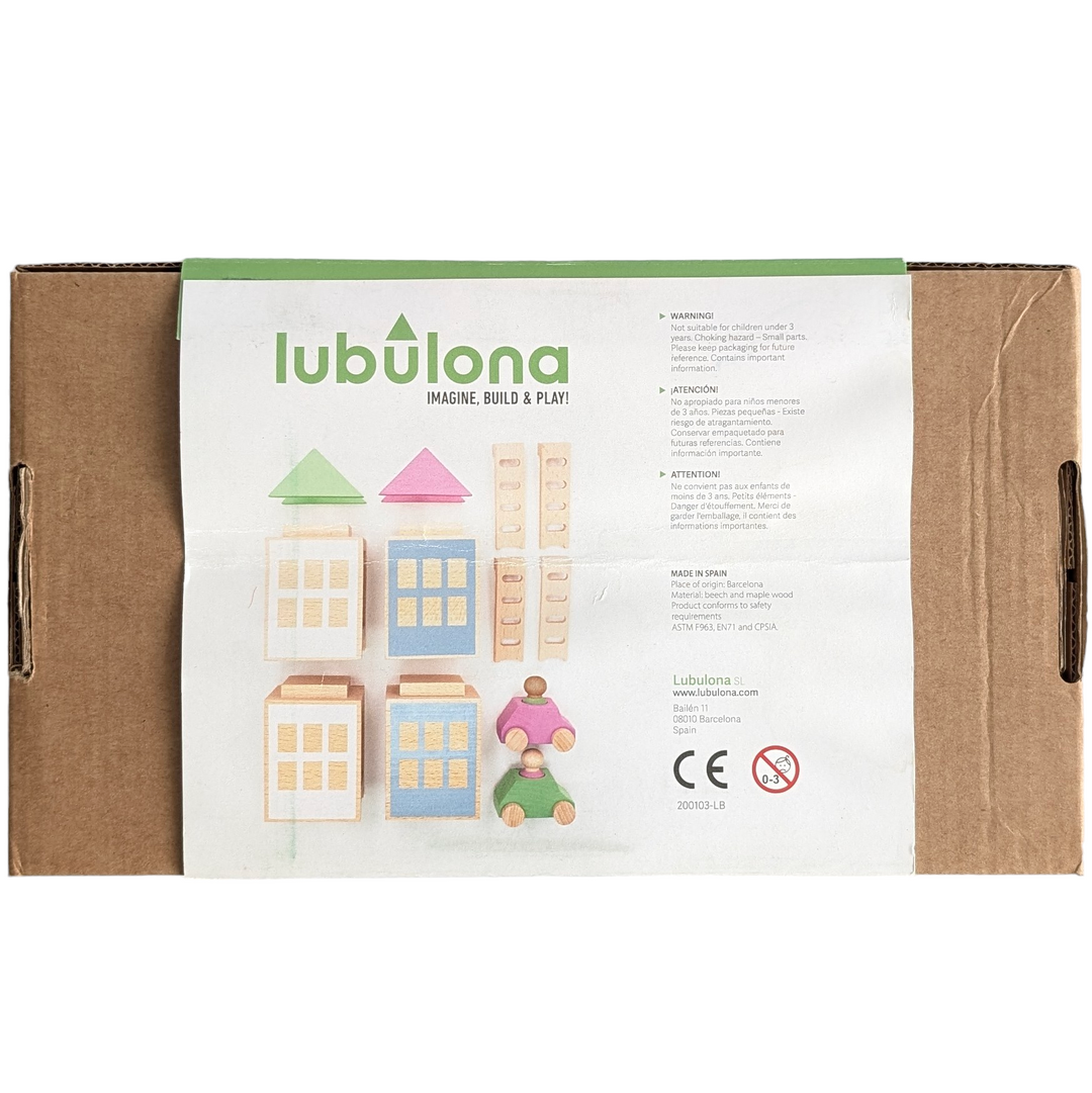 Lubulona, Spring City, Cognitive & Motor Skills Development , a set that lets kids act like architects and construct homes and villages The universe of creation moves as soon as you hold a group of cars and people. Pastel pink and green tones that evoke spring