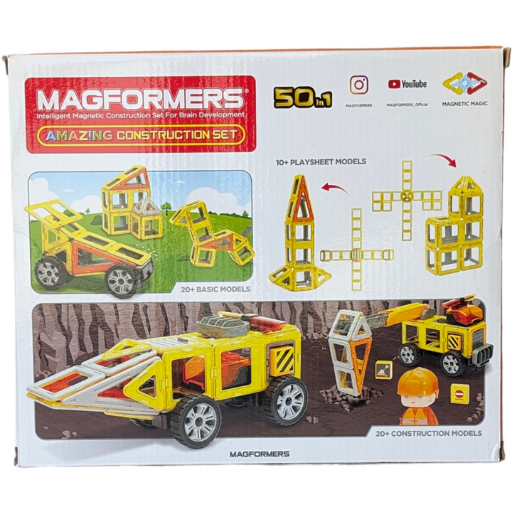 Magformers, Amazing Construction Set, STEM & Critical Thinking, Click And Create Your Own Adventure With Magformers AMAZING Construction 50Pc Set! Magformers Are A Magnetic Construction Toy Where The Possibilities Are Endless. Click, Connect, Create Your Favorite Construction Vehicles. Attach The New Propeller Siren, Container Grabber And Wheels And See Where Your Imagination Can Take You!