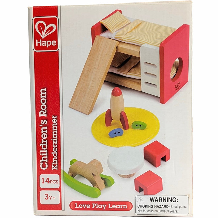 Hape, Wooden Doll House Furniture Children's Room With Accessories, Social & Emotional Development, Every child wants a cool space to call their own. With the Children's Room Doll House Furniture Set from Hape, kids can decorate their doll's room with style. This innovatively designed furniture set features a bunk bed, a table and two chairs, and several toys, including rocket ship to keep doll children entertained. 