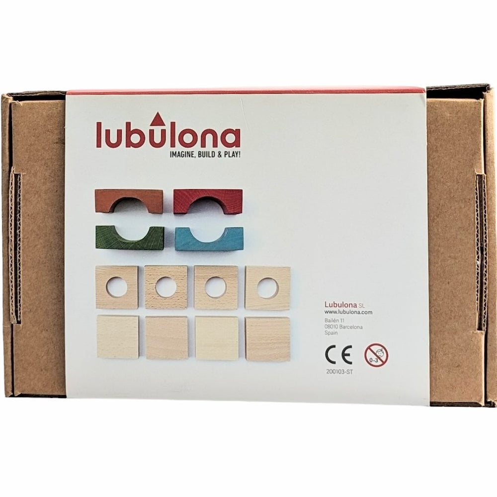 Lubulona, Tunnel Block, Cognitive & Motor Skills Development, This pack of Tunnel Blocks includes 16 tunnel top blocks, 2 of each colour (lime, plum, grey, dark blue, ochre, red, dark grey and sky blue), as well as 16 wall blocks with a round window and 16 wall blocks without the window. Start constructing tunnels, garages, buildings and anything else that comes to mind.  Made of natural high quality beech wood and coloured with non-toxic stains.