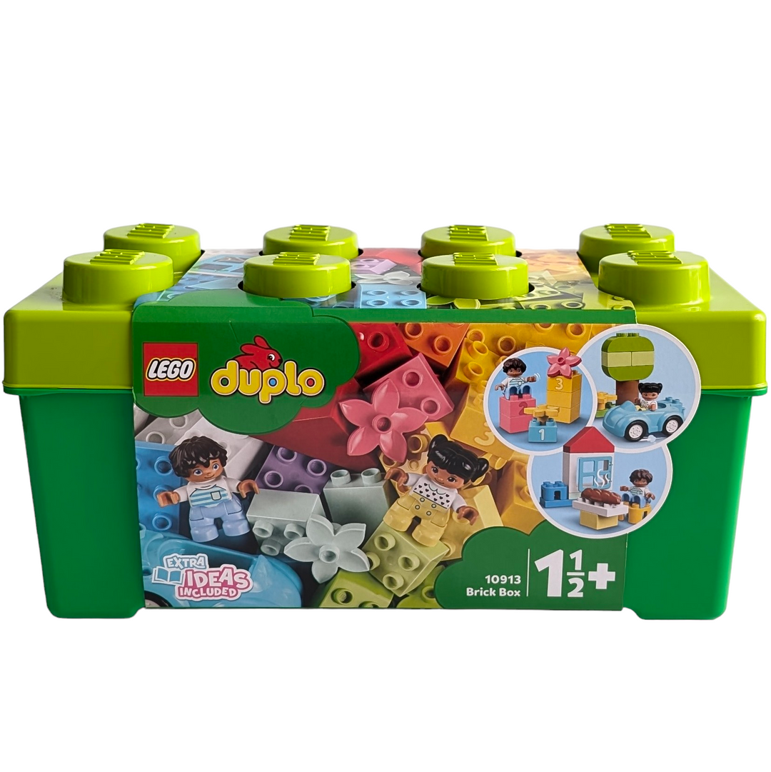 Lego/Duplo, Brick Box 10913, Creative & Imaginative Play, This fun-filled developmental toy is packed with bricks and pieces that encourage toddlers to explore hands-on creativity and imaginative play. Familiar objects stimulate young minds and colorful shapes invite free-building fun, making this LEGO DUPLO starter set the perfect way to inspire any young builder. Inside the sturdy storage box, you'll find a car with moving wheels, a roof, window, flowers, bread, DUPLO people figures and 1,2,3 numbered bri