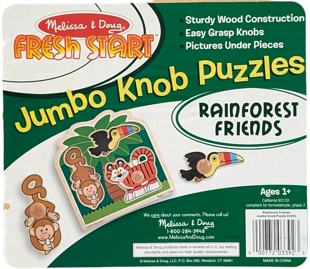 Melissa & Doug, Rainforest Friends Jumbo Knob Wooden Puzzle, Cognitive & Motor Skills Development , Three animals, a giraffe, an elephant, and a lion, stand ready to play against an abundance of greenery. Three pieces make up this extra thick wooden puzzle, which has large wooden knobs for comfortable grasping. Matching, full-color images are displayed beneath every component. Improve your fine motor, visual perception, and eye-hand coordination.