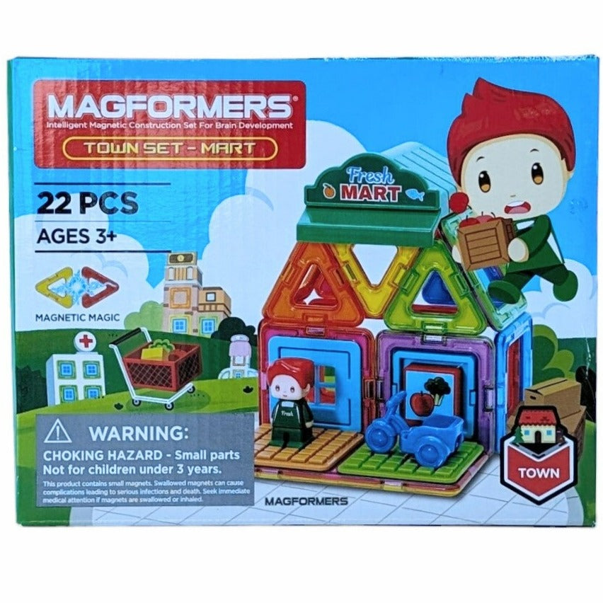 Magformers, Town Set - Mart, STEM & Critical Thinking, Create 3D Structures From 2D Nets With Magformers Mart Set. Build Your Own Farmers Market And Sell Your Produce.  This Set Includes 22 Pieces. 7 Squares, 4 Triangles, 2 Rectangles, 1 Rhombus, 1 Mart Sign, 2 Base Plates, 1 Vegetable Block, 1 Mini Bike, 1 Grocer, And 2 Wall Plates.