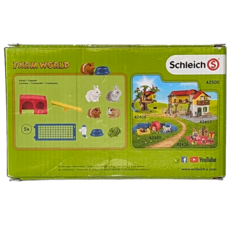 Schleich, Farm World 42500, Social & Emotional Development, There's plenty to discover in the rabbit and guinea pig hutch from the schleich® FARM WORLD. The animals hide in their hutch, suck at their drink bottle, nibble the lettuce or walk over the rocking toy. This also serves as a practical ramp that they can use to climb or hop onto the roof of their hutch. The fence sections can be connected in any way or combined with other schleich® fences.