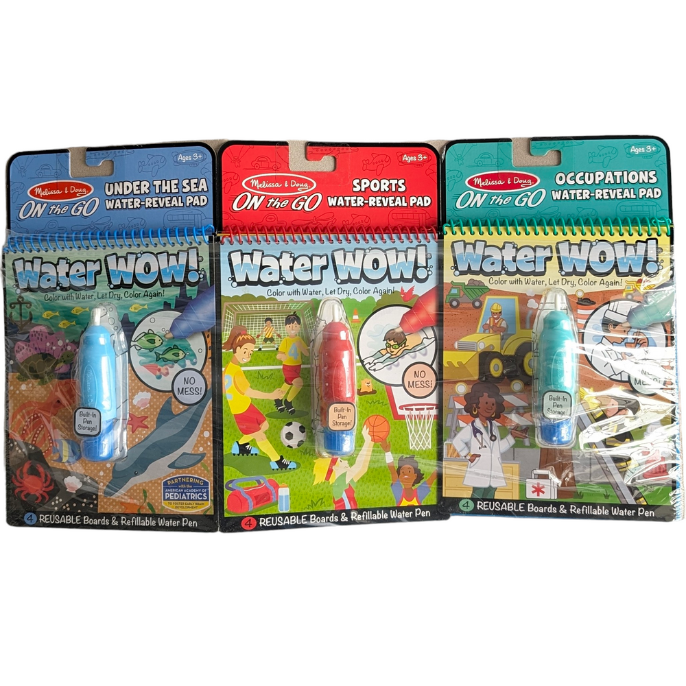 Melissa & Doug, Water Wow, Sensory & Language Development, No-mess painting for kids! This exciting paint-with-water coloring book includes four reusable pages and a refillable water pen. Simply use the pen to color in each scene—details and vibrant color appear with every stroke! Then let the page dry to erase the pictures and color it in again and again. This adventure-themed book includes four scenes to color (underwater, pirates, space, and medieval knights), and a search-and-find activities 