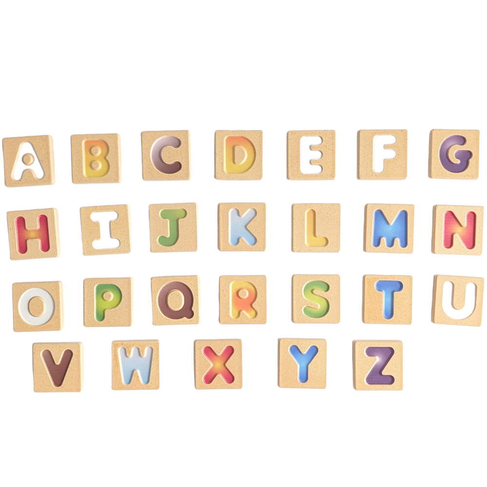 PlanToys, Alphabet A-Z 5637, Sensory & Language Development, Develop your fundamental skills with this alphabet set. The two-sided wooden tiles feature 26 intended capital letters and pictures of objects that correspond to the letter. Trace the letters with your finger and expand your vocabulary! Made in PlanWood.