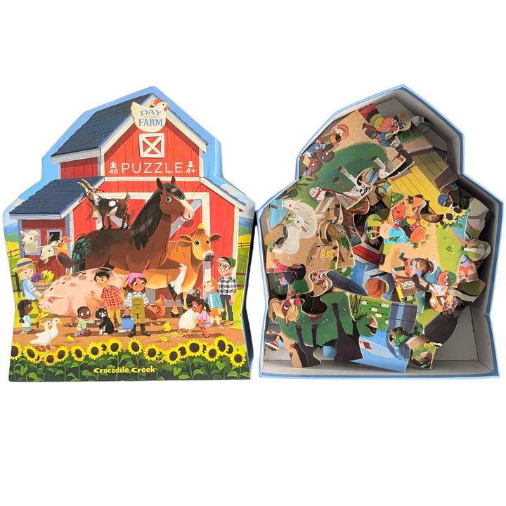 Crocodile Creek, Day At The Farm - 48 Pieces, Cognitive & Motor Skills, Crocodile Creek Day at the Farm 48-piece puzzle will transport you to a fun, whimsical barnyard! This observation puzzle features lots of fun and humorous things that are happening around the farm. Richly detailed puzzle is 18" X 24" When complete. The uniquely shaped packaging makes storing this puzzle even more fun. All Crocodile Creek puzzles are printed with soy-based ink on recycled cardboard.