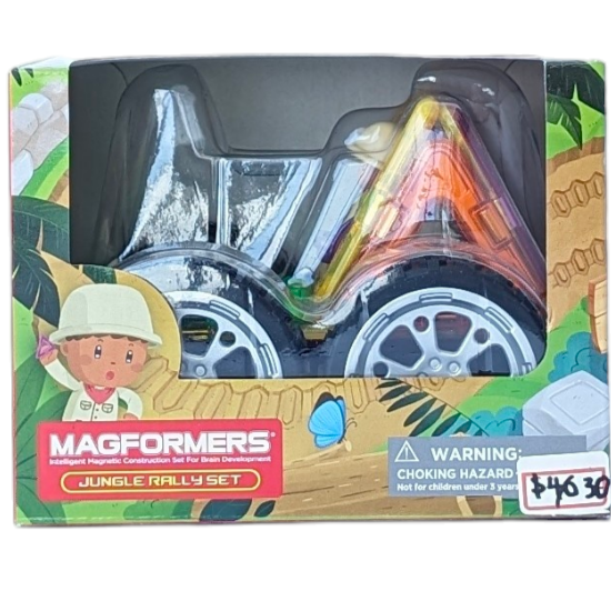 Magformers, Jungle Rally Set, STEM & Critical Thinking, Kids can click, connect, and create vehicles with this nine-piece magnetic building set. The STEM-inspired set comes with a square, triangles, a rectangle, a window square, a chair square, click wheels, and a jungle racing figure. The included instruction booklet features ideas and building instructions.