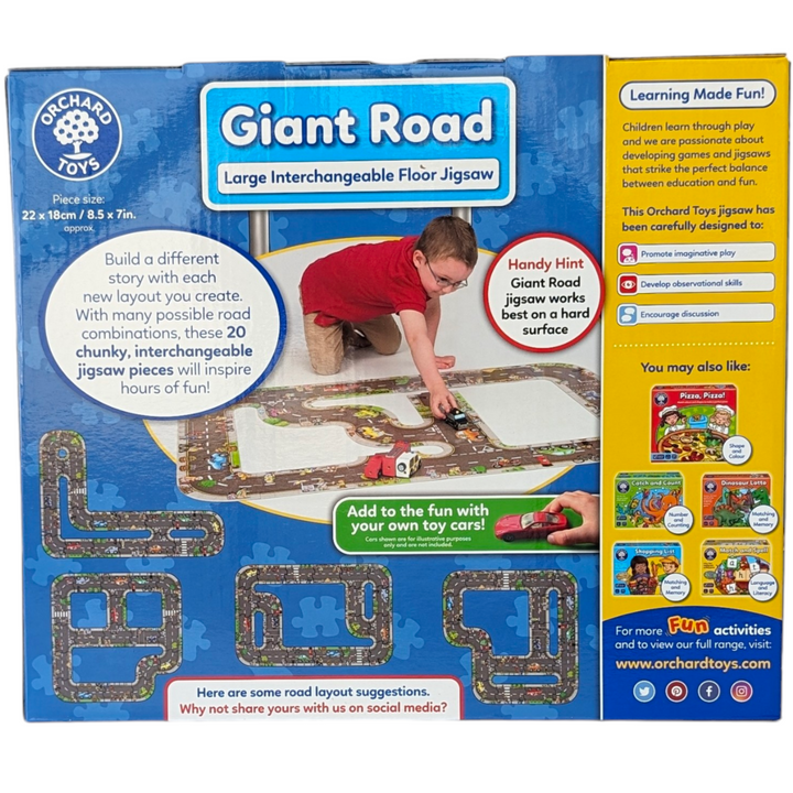 Orchard Toys, Giant Road - Large Interchangeable Floor Puzzle, Cognitive & Motor Skills Development, Giant Road is so much more than just a jigsaw! Design lots of different road layouts using the 20 chunky, interchangeable pieces of this road-themed jigsaw, which can also be used to teach children about road safety. You can also add to the fun with your own favourite toy cars and characters! 