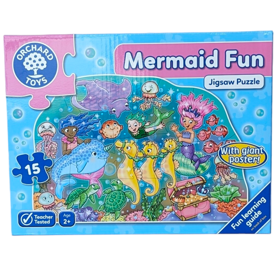 Orchard Toys, Mermaid Fun - 15 Piece Puzzle, Cognitive & Motor Skills Development, From the beautiful mermaids to the magical seahorses, there's lots to see as children piece together this enchanting underwater world. Mermaid Fun also includes a giant poster for added value which can be displayed and used to help complete the puzzle!

If you like mermaids, take a look at our Unicorns, Mermaids and More Colouring Book. 24 pages of magical characters with colourful stickers to match to each page.