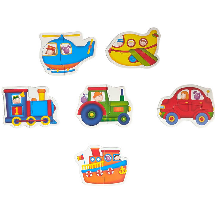 Galt, Baby Puzzle - Transport 2 Piece Puzzle, Cognitive & Motor Skills Development, Sets of 6 shaped 2-piece puzzles for very young children. Simple colourful puzzles with chunky pieces for little hands. Encourages early matching skills and manual dexterity..