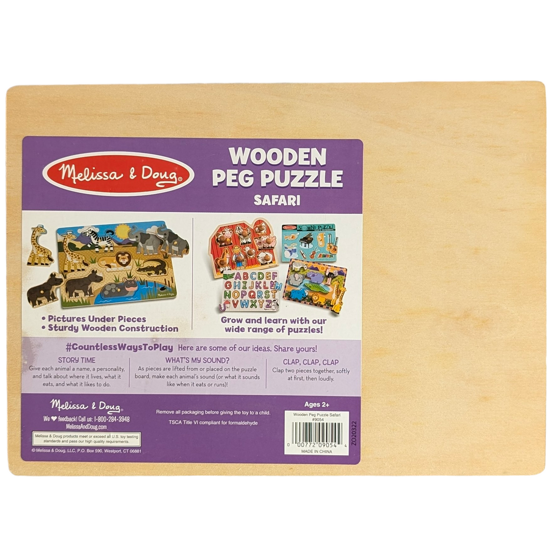 Melissa & Doug, Safari Wooden Peg Puzzle, Cognitive & Motor Skills Development, When your child arranges the seven wild animals over the matching photos on the puzzle board, they will have a jigsaw adventure. This robust seven-piece puzzle has wooden construction and easy-to-grasp pegs. Excellent for improving hand-eye coordination, memory, and fine motor abilities. It's also a fun method to get more familiar with animals and the natural world.