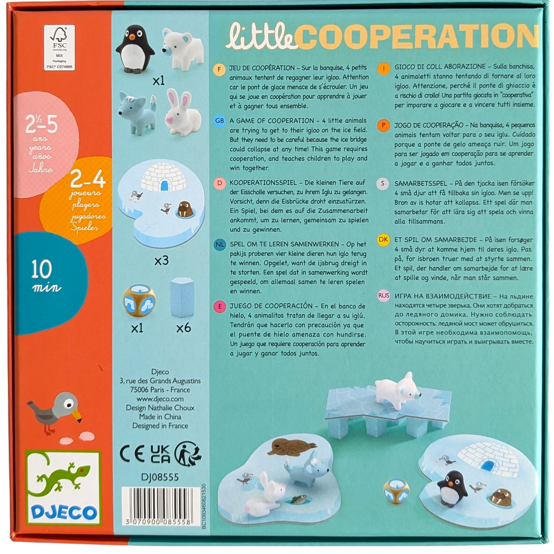 Djeco, Little Cooperation, Social & Emotional Development , to assist the small animals in returning home before dusk! The animals are put on the starting board of the ice floe. We roll the dice. In the event that the dice display the following: ice cubes: the bridge begins to melt and one of the pillars is removed; bridge: an animal moves from the ice floe to the bridge; igloo: an animal moves from the bridge to the igloo. You've won if every animal makes it to the igloo before the bridge falls!