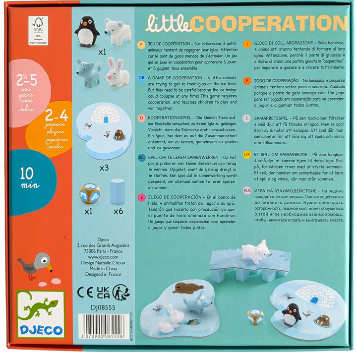 Djeco, Little Cooperation, Social & Emotional Development , to assist the small animals in returning home before dusk! The animals are put on the starting board of the ice floe. We roll the dice. In the event that the dice display the following: ice cubes: the bridge begins to melt and one of the pillars is removed; bridge: an animal moves from the ice floe to the bridge; igloo: an animal moves from the bridge to the igloo. You've won if every animal makes it to the igloo before the bridge falls!