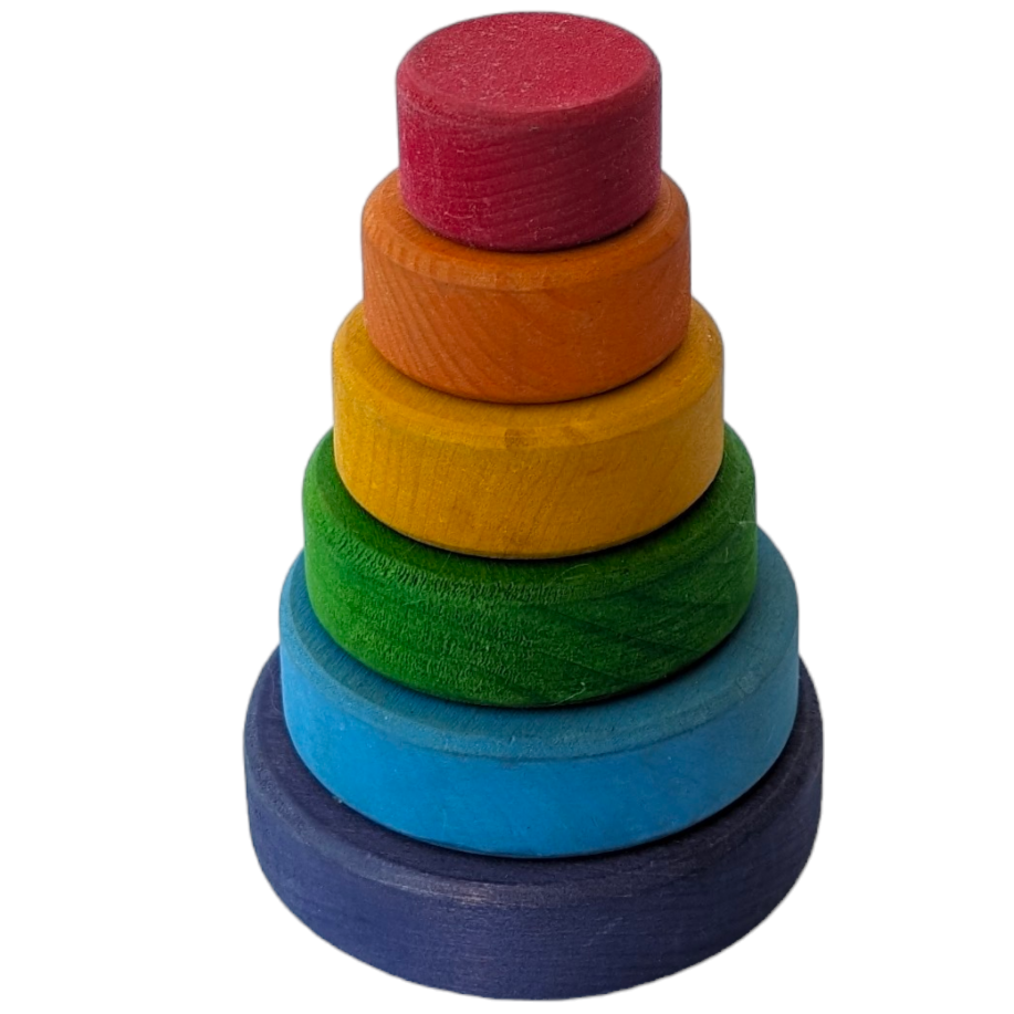 Grimms, Small Conical Tower, Cognitive & Motor Skills Development, With the small Conical Tower the children can sort, stack and build. While stacking, the eye-hand coordination is stimulated and fine motor skills are trained.
5 discs for stacking.
Materials: lime wood, non-toxic water based color stain.
Size: height 12cm.