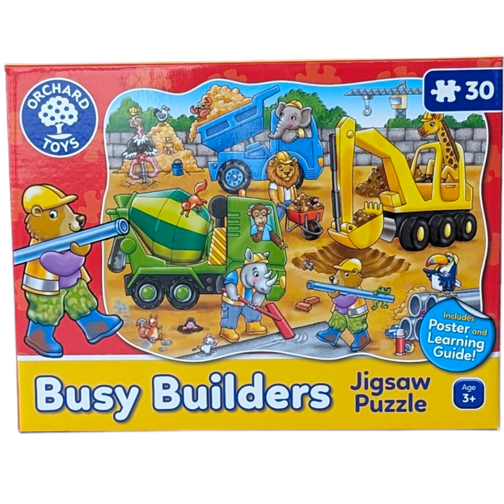 Orchard Toys, Busy Builders - 30 Piece Puzzle, Cognitive & Motor Skills Development, Find out what the Busy Builders are up to on the building site as you complete this fun scene. This 30-piece shaped jigsaw is perfect for little people with an interest in big construction, featuring a digger, tipper and cement mixer along with lots of quirky characters and funny events happening in the scene to spot and discuss.

A bright and colourful poster is also included, with lots to see and talkabout! PLUS a learnin