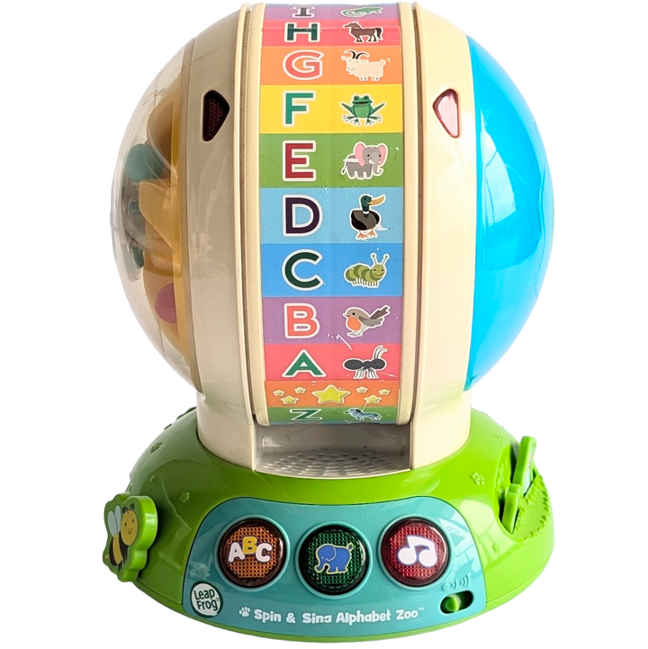 Leapfrog, Spin & Sing Alphabet Zoo, Sensory & Language Development, While the ball spins, listen to beads and watch animated light-up LED colors. Slide the bee or press the frog and rabbit buttons for surprise actions that develop motor skills.