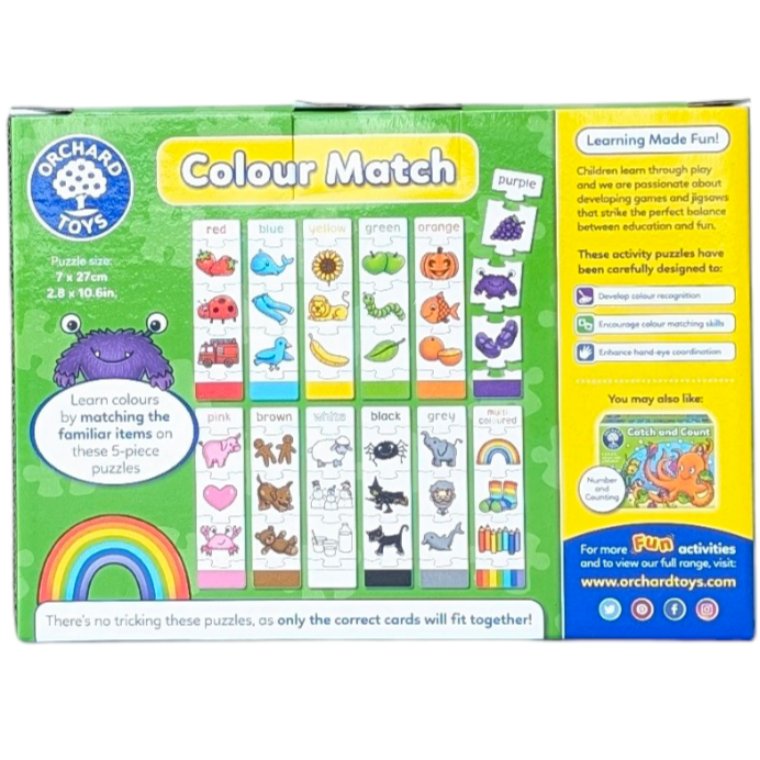 Orchard Toys, Colour Match - Activity Puzzle, Cognitive & Motor Skills Development, An activity based jigsaw, which encourages children to identify colours by relating them to familiar objects.

Colours and pictures can be pieced together to make colour themed, 5-piece jigsaws where only the correct cards will fit together! Children will love looking at the friendly and colourful characters, ranging from purple monsters to grey elephants.