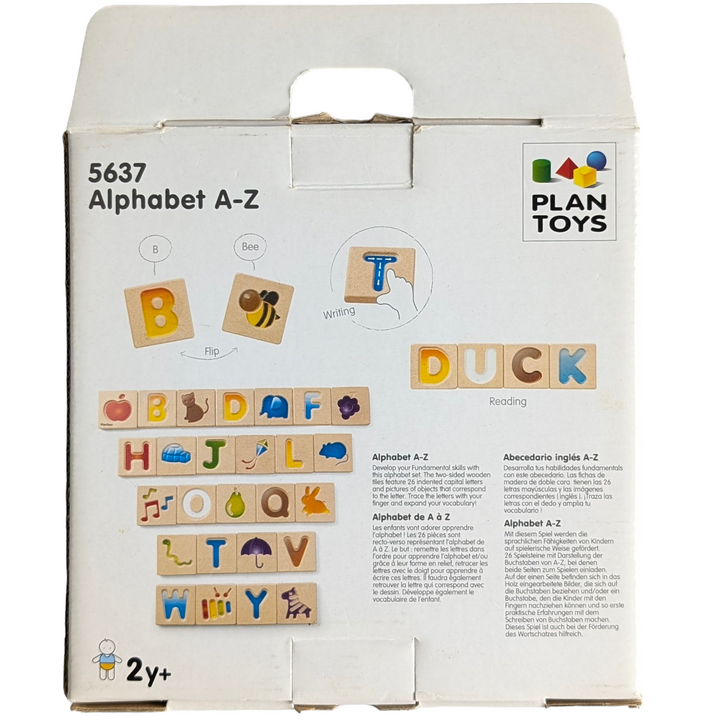 PlanToys, Alphabet A-Z 5637, Sensory & Language Development, Develop your fundamental skills with this alphabet set. The two-sided wooden tiles feature 26 intended capital letters and pictures of objects that correspond to the letter. Trace the letters with your finger and expand your vocabulary! Made in PlanWood.