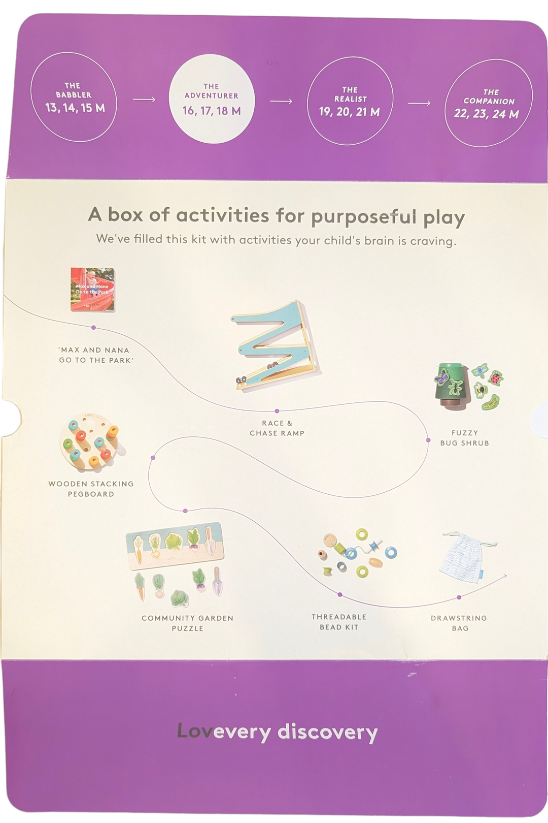 Lovevery, The Adventurer Play Kit, Creative & Imaginative Play, Your toddler is making so many discoveries about the real world at this stage. This Play Kit lets them experiment with cause and effect, use both hands at once to complete a task, and learn about a wider range of emotions.