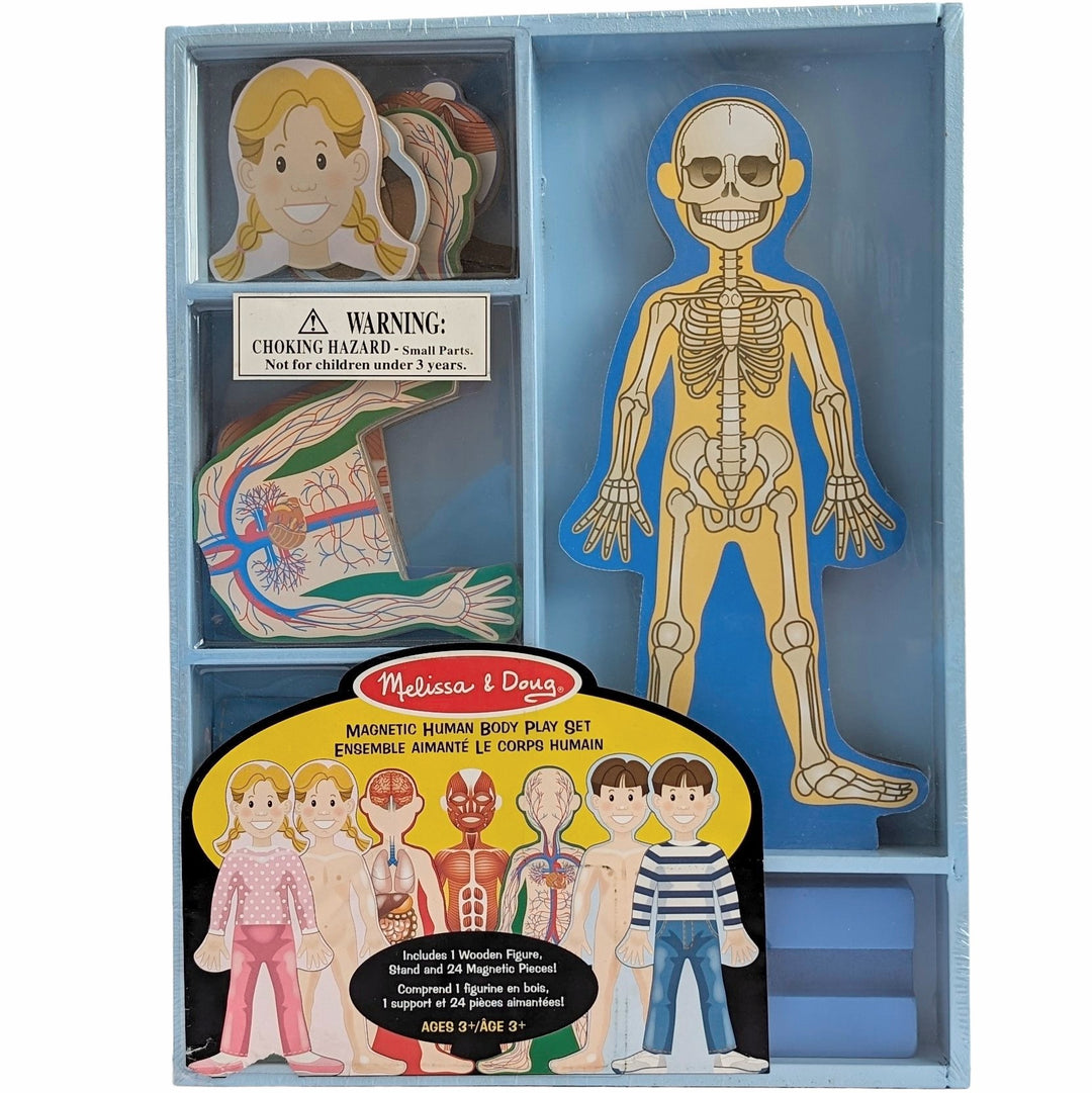 Melissa & Doug, Magnetic Human Body Playset, STEM & Critical Thinking, Better than x-ray vision, this magnetic wooden figure set is a fantastic learning toy! The Magnetic Human Body Play Set helps children visualize the inner workings of the human body by placing the detailed and colorful magnetic pieces on the wooden play figures. The play set includes 24 magnetic pieces that show different parts of the body including internal organs, the circulatory system, skeletal system, the brain, and more.
