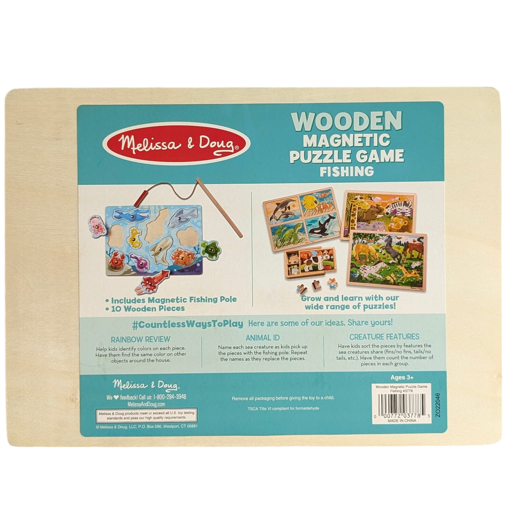 Melissa & Doug, Wooden Fishing Magnetic Puzzle Game, Cognitive & Motor Skills Development , Featuring artwork of aquatic animals, this magnetic wooden puzzle game is the perfect catch-and-release fishing program. Enjoy the task of returning the ten vibrant sea friends to the depths after using the magnetic fishing rod to "catch" them from the game board! An inventive approach to promote fine motor abilities and hand-eye coordination.