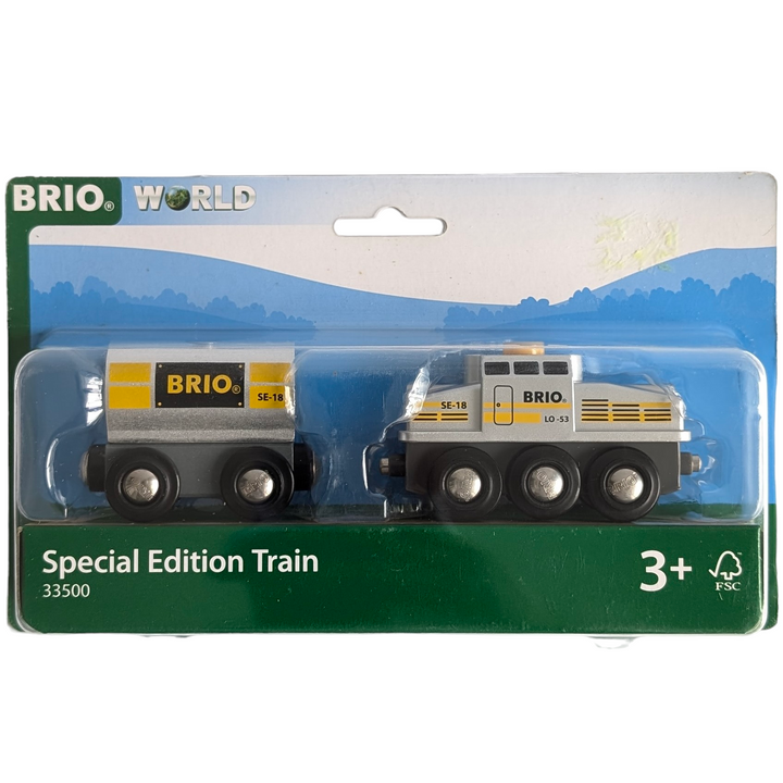 BRIO, Special Edition Train, Cognitive & Motor Skills Development, The 36083 Special Edition Train (2024) is a stunning addition to any BRIO World railway. This unique cargo-themed train stands out on the tracks with its stylish silver finish and sturdy black cargo wagon. Pop the roof open and place the driver in the seat before chugging off down the tracks with the big chunk of gold. This limited-edition toy train is only available during the year of 2024, don’t miss your chance to add it to your railway