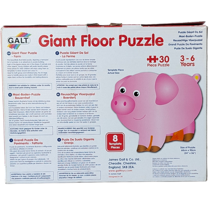 Galt, Giant Floor Puzzle - Farm, 39 Pieces, Cognitive & Motor Skills Development, Beautifully illustrated floor puzzle with 30 pieces including 8 templates, cut in the shape of the characters or objects. There are so many interesting things to find in this puzzle that children will return to it time and time again. The large, easy to handle pieces are made in thick board with a wipe-clean surface. Awarded 'Approved' status by the Good Toy Guide.