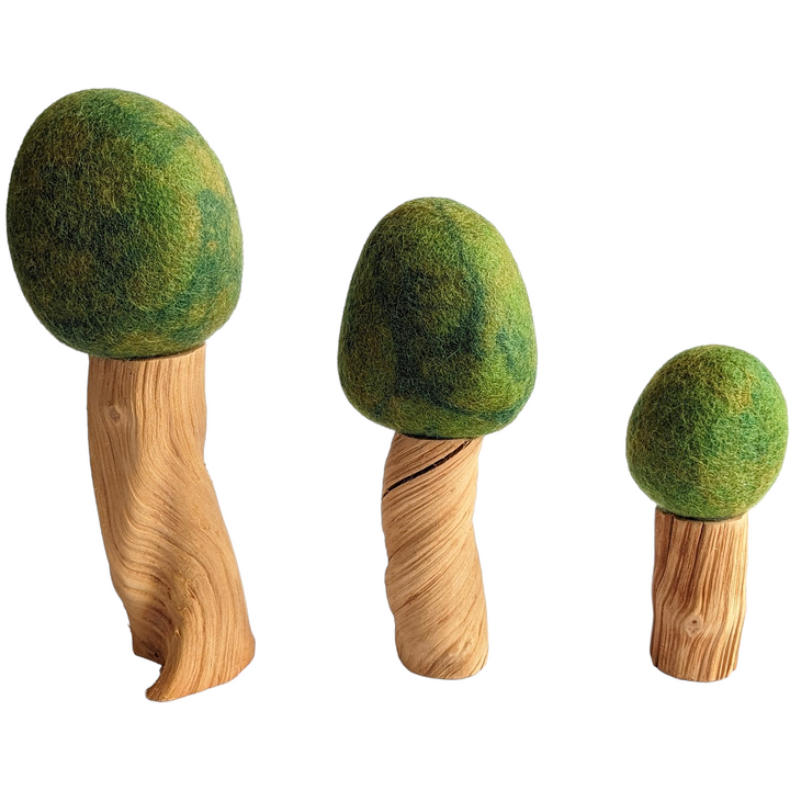 Papoose Toys, Summer Trees (Set of 3), Creative & Imaginative Play, Add texture and creativity to small world play with this wonderful 3 piece Papoose Toys Summer Trees Set – three trees representing the summer season with dark green coloured felted canopies and naturally twisted gnarly wooden trunks. These free standing woodland trees bring a beautiful natural element to a small world play scene or a wonderful decoration for the playroom shelf. Ethically made in Nepal.
