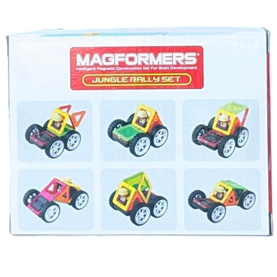 Magformers, Jungle Rally Set, STEM & Critical Thinking, Kids can click, connect, and create vehicles with this nine-piece magnetic building set. The STEM-inspired set comes with a square, triangles, a rectangle, a window square, a chair square, click wheels, and a jungle racing figure. The included instruction booklet features ideas and building instructions.